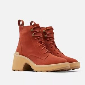 NEW Sorel Hi-Line Wedge Lug Heel Boot Lace Warp Red Tawny Buff Size 9 Size 10